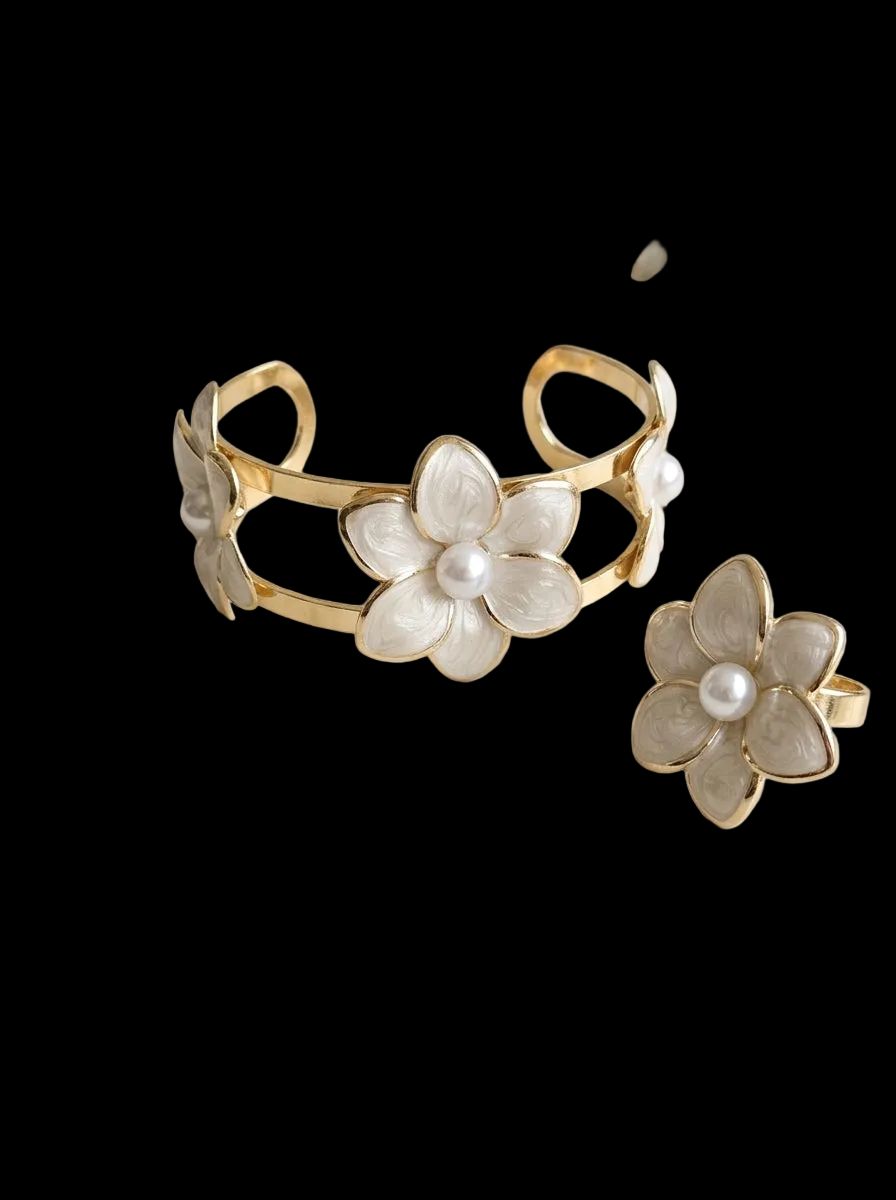 Blossom & Pearl Gold Statement Cuff and Ring Set