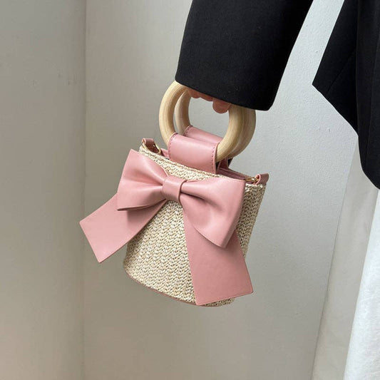 Bohemian Style Fashion Bow Woven Straw Bucket Bag: Yellow / One Size