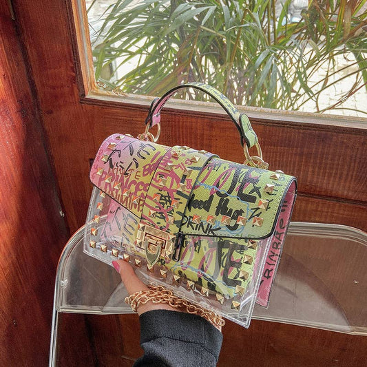 Trendy Jelly Bag with Chain Strap - Fashionable Graffiti Design: Colorful