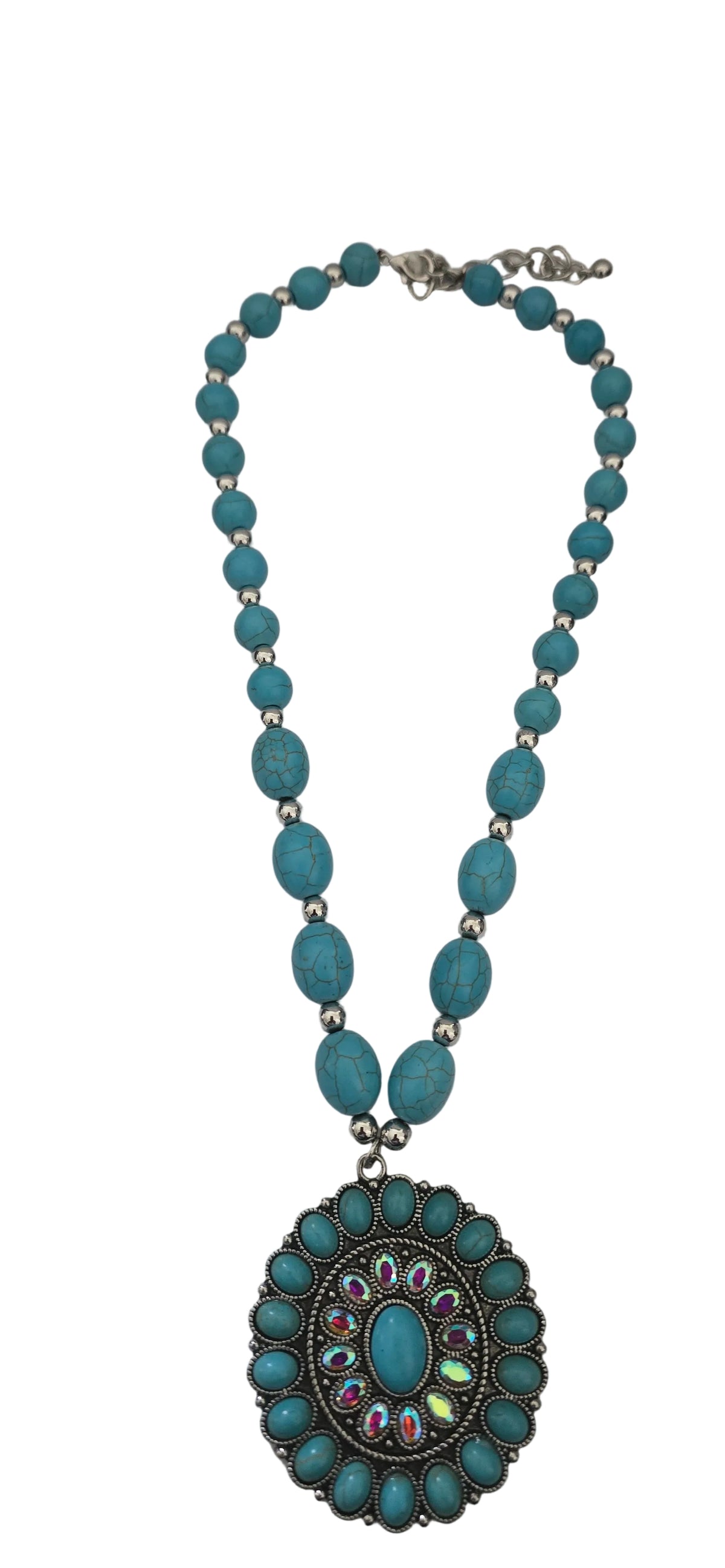 Boho-Chic Western Turquoise Beaded Statement Necklace with Detailed Medallion Pendant