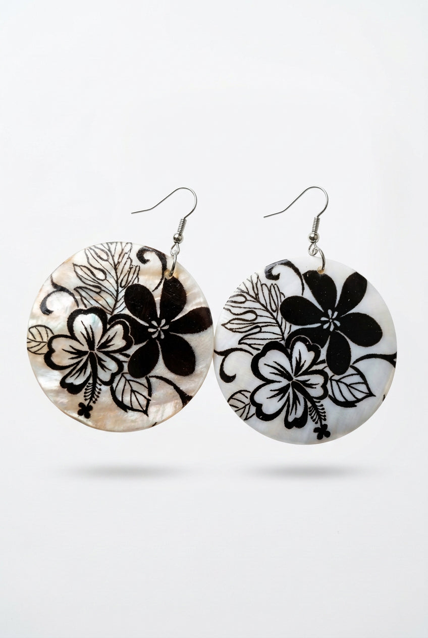 Graphic Tropical Hibiscus Shell Earrings-Black & White Botanical Discs