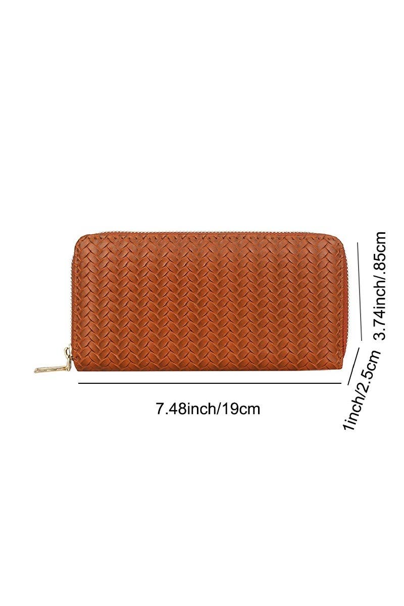 Trendy Vegan Leather Woven Weave Long Wallet - Green