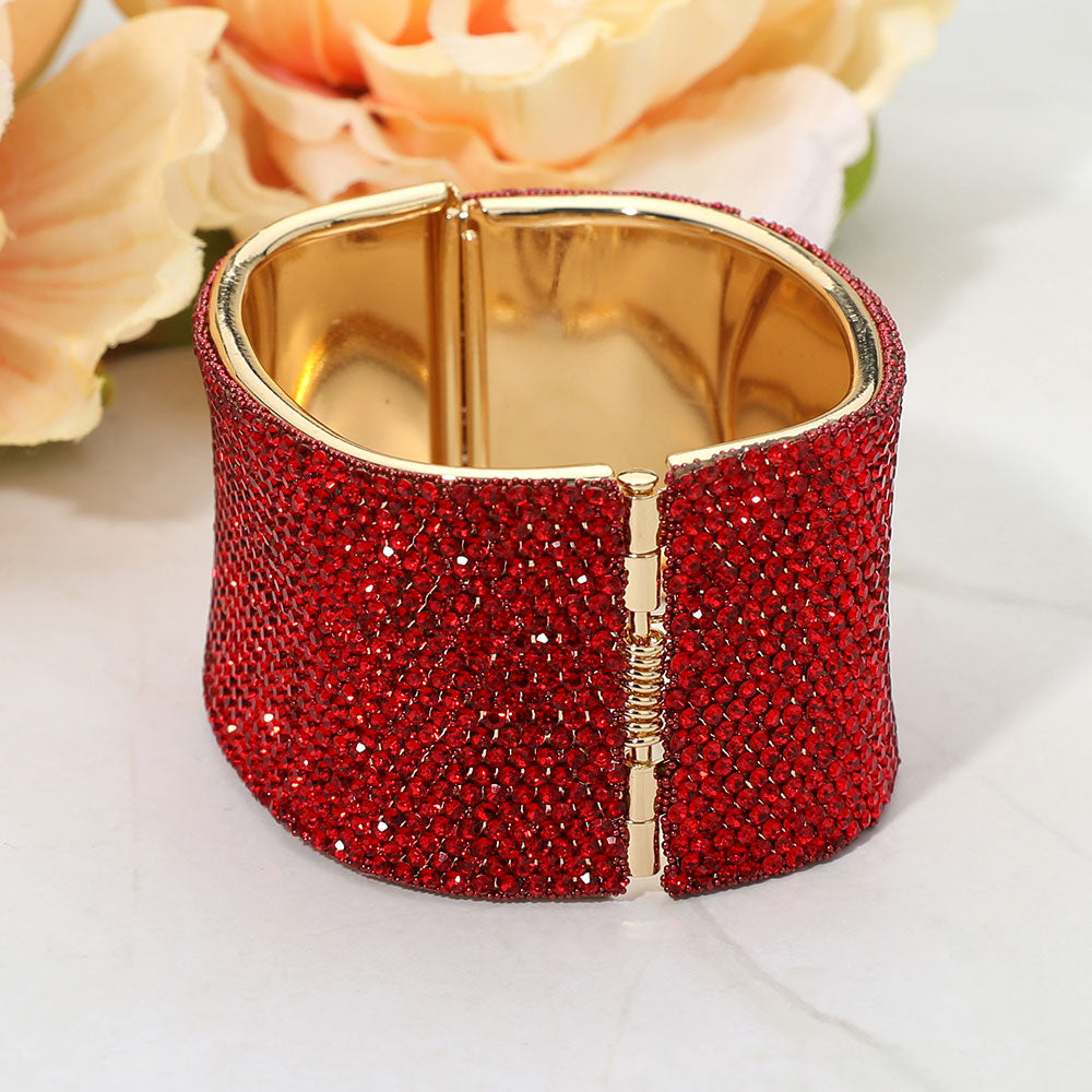 Wide Rhinestone Paved Hinged Evening Bangle Bracelet (Red & Gold)