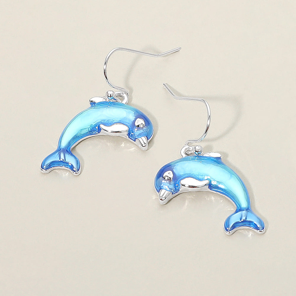 Dolphin Charmed Drop Dangle Earrings - Blue