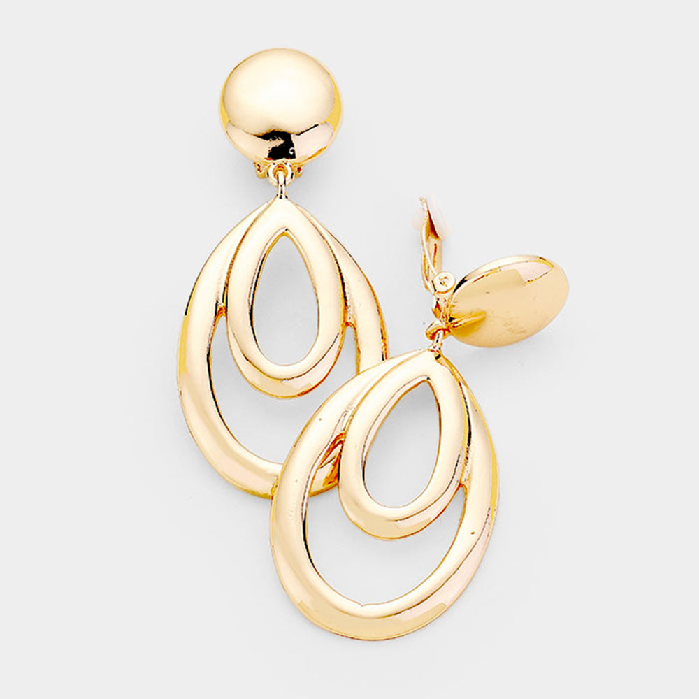 Teardrop Metal Clip On Earrings-Gold
