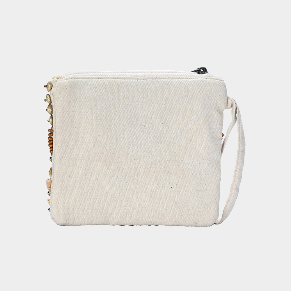 Ethnic Wood & Metal Beaded Front Pouch Bag with Wristlet