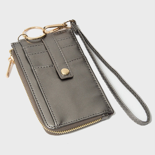 Faux Leather Basket Weave Flat Card Holder Wallet with Wristlet-Bronze