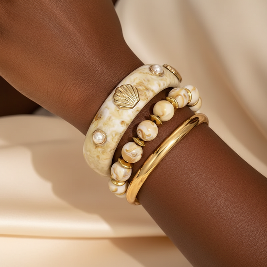 Bohemian White Resin Bangle Bracelet Set:Tan & Gold