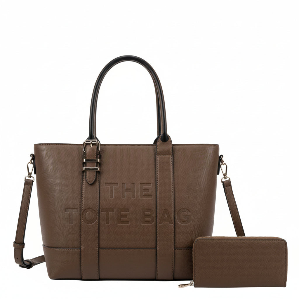 Large brown faux leather tote bag with wallet and card slots – everyday cross-body women handbags