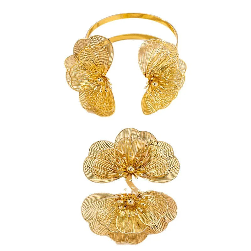 Metallic gold-tone wire floral Statement Cuff Bracelet & Ring Set