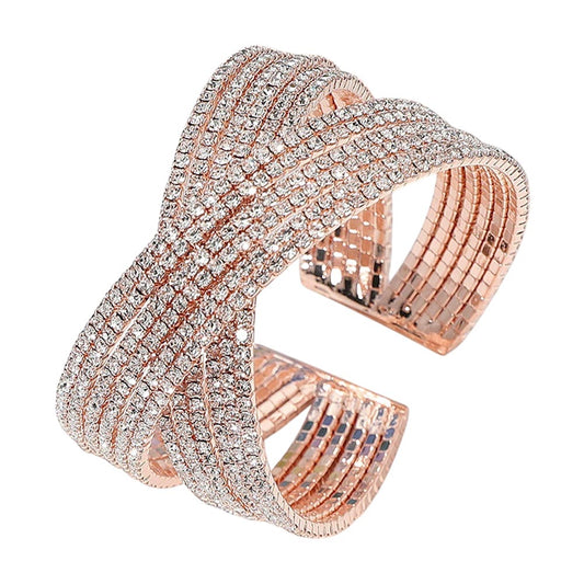 CZ Stone Paved Crisscross Evening Cuff Bracelet-Clear Rose Gold