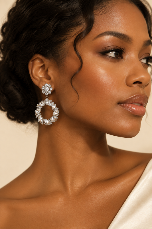 Marquise Statement Wreath Crystal Dangle Earrings-Silver Plated