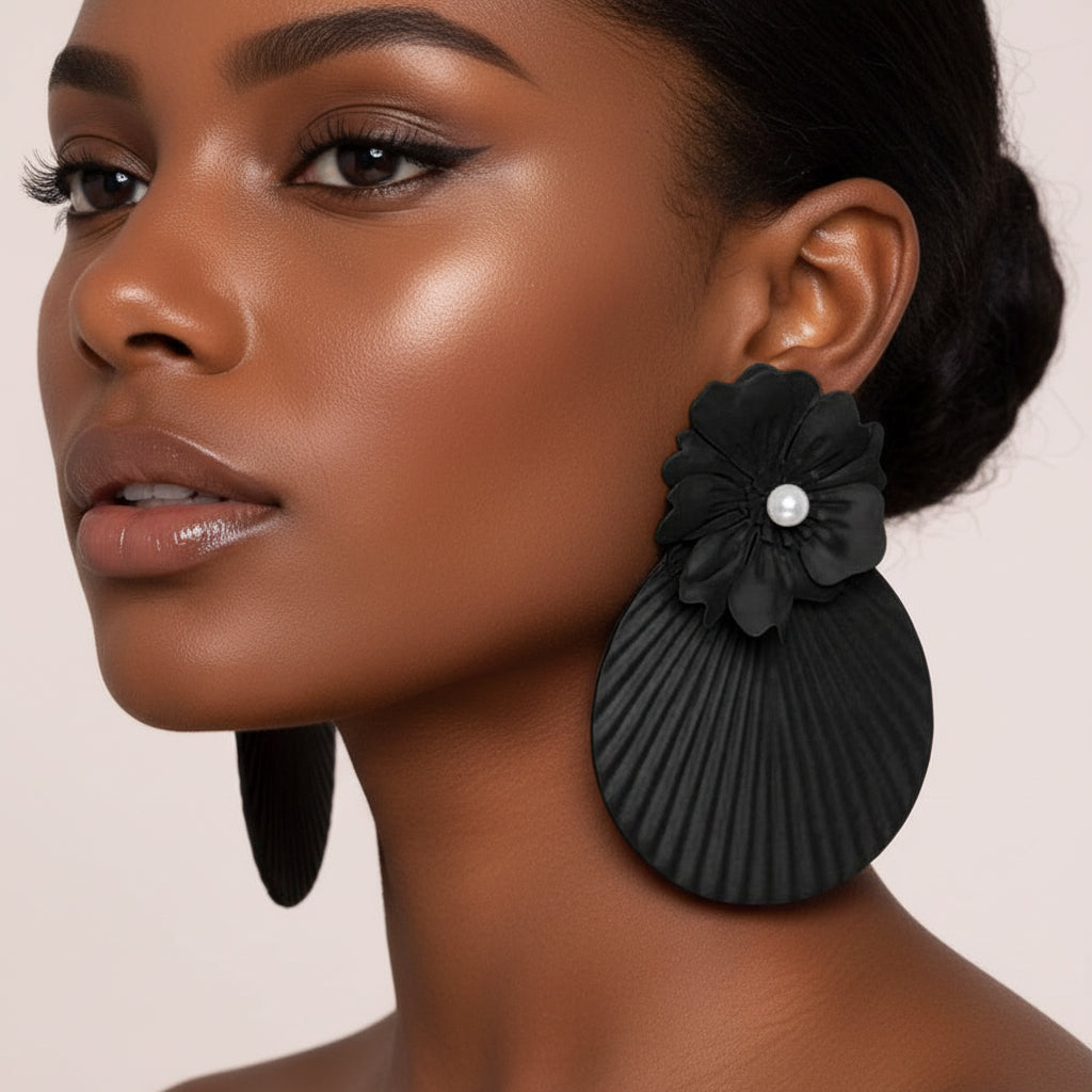 Oversized Pearl Accent Textured Floral Fan Drop Statement Earrings- Black & Pearl