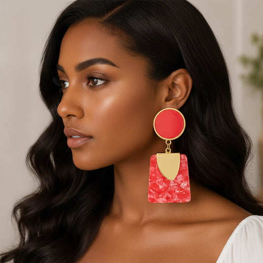 Bold Geometric Drop Statement Earrings-Red,Gold,Yellow