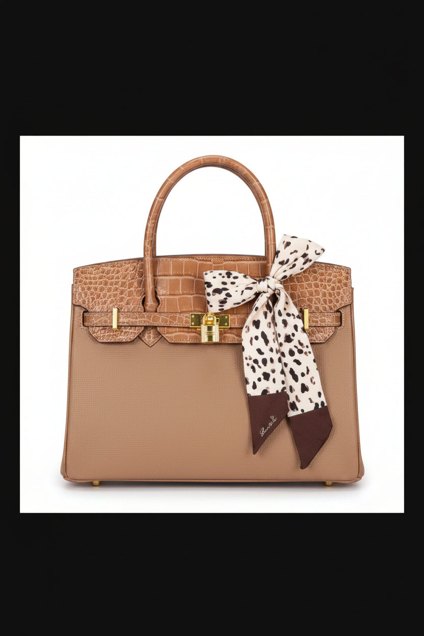 Scarfed Croc Combo Satchel Handbag - Khaki