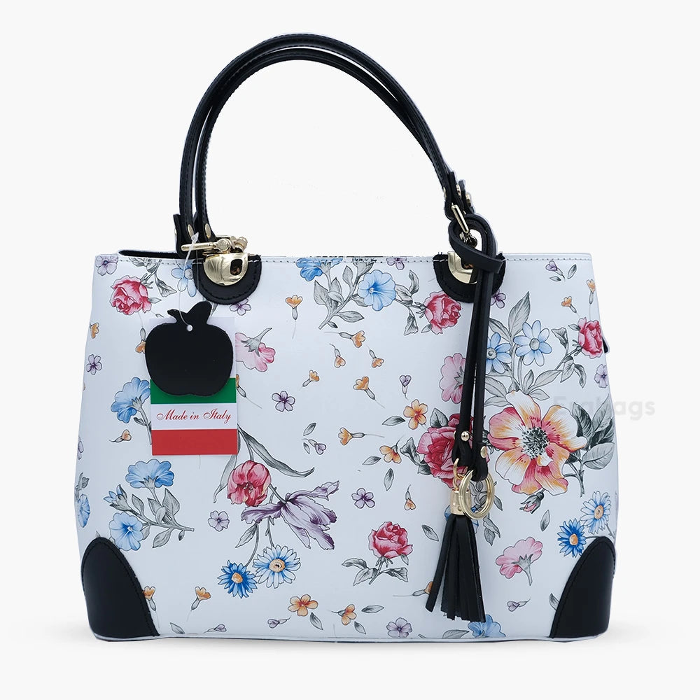 Genuine Italian Leather Floral print Handbag- Black