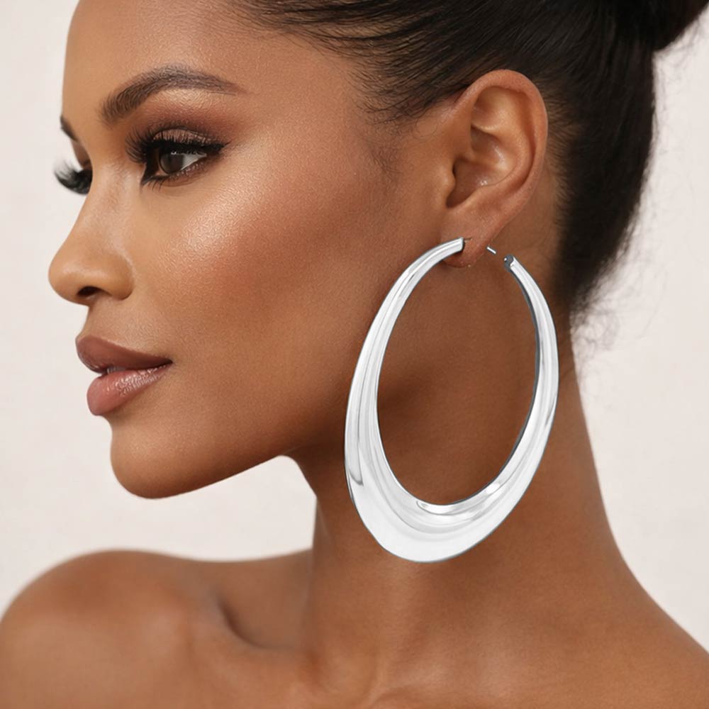 Oversized Metal Sculpted Oval Hoop Earrings-Silver