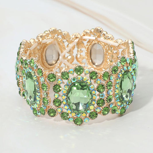 Oval Stone Accented Link Stretch Evening Bracelet - Green & Gold