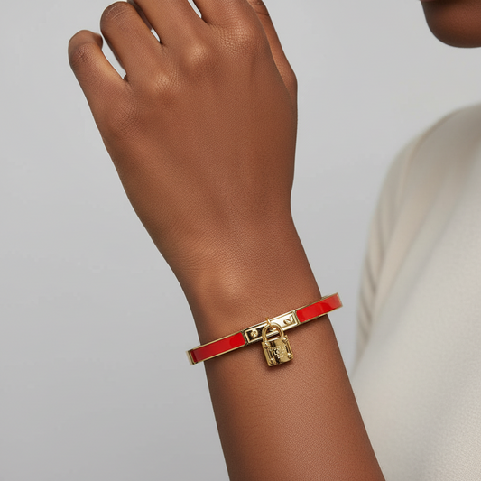 Stainless Steel Lock Charm Enamel Inlay Hinged Bangle Bracelet-Red