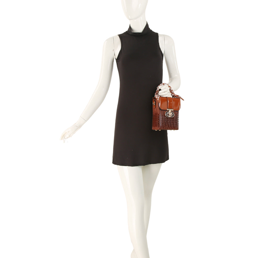 Scarf Handle Croc Satchel/Crossbody/Shoulder Bag-Taupe