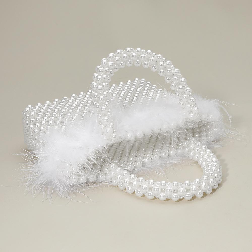 Feather Embellished Open Top Mini Tote/Small Satchel Bag-Rhodium White