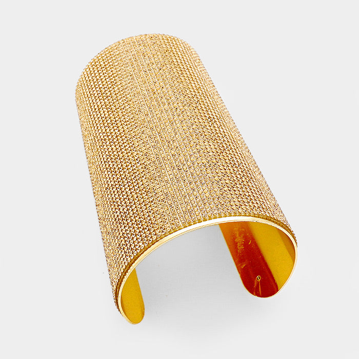 Wide Rhinestone Paved Arm Cuff Bracelet-Gold