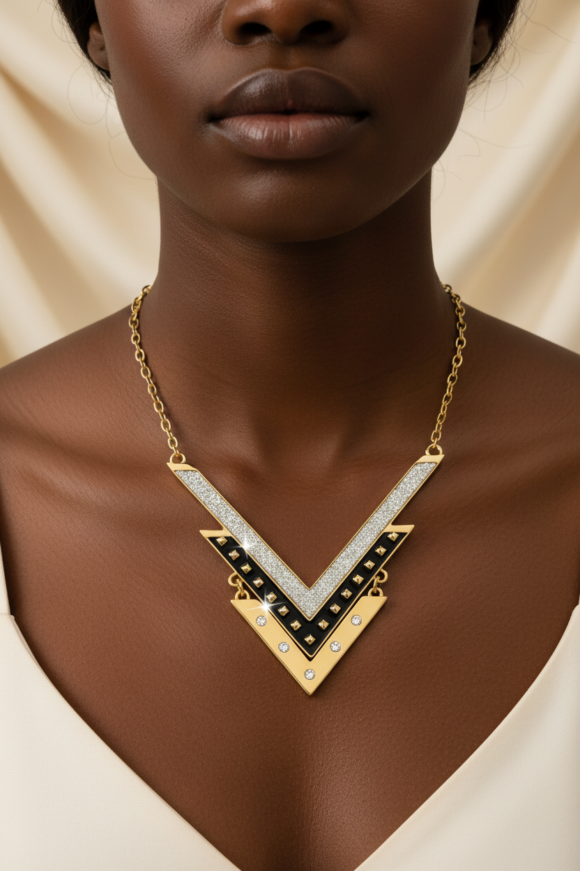 Geometric Layered Statement Necklace – Gold, Black & Champagne
