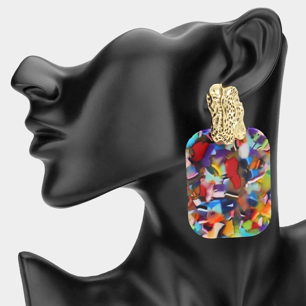 Oversized Patterned Celluloid Acetate Plate Accent Door Knocker Earrings-Gold, Multi, Yellow