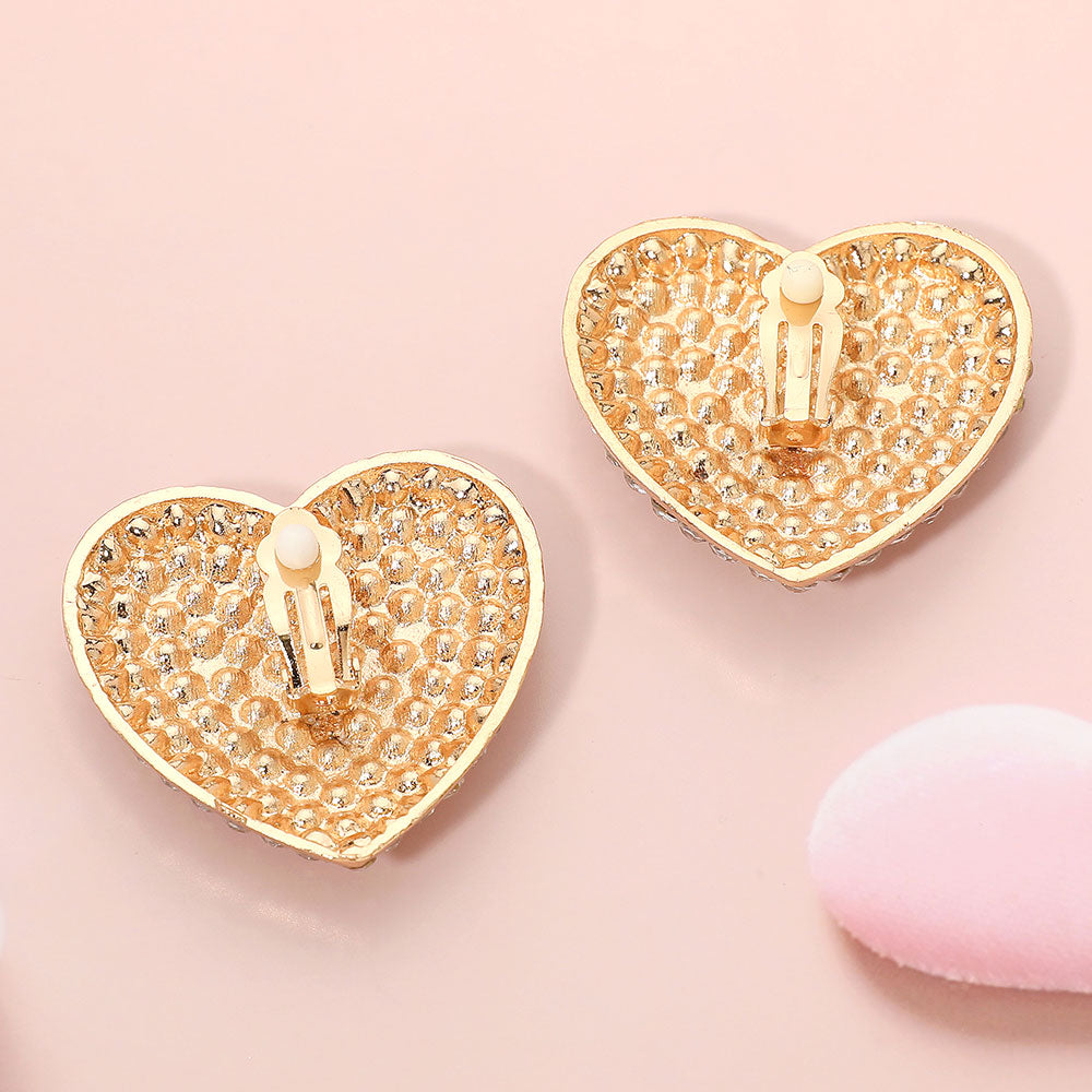 Bold Rhinestone Paved Heart Clip On Earrings - Crystal Clear