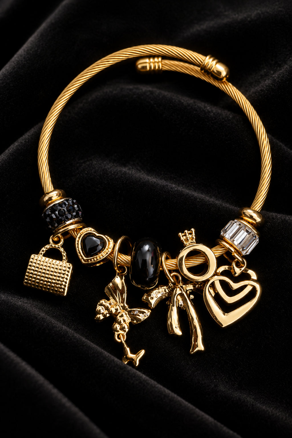 Midnight Bow & Heart Charm Bracelet-Gold & Black