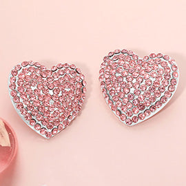 Bold Rhinestone Paved Heart Earrings - Pink