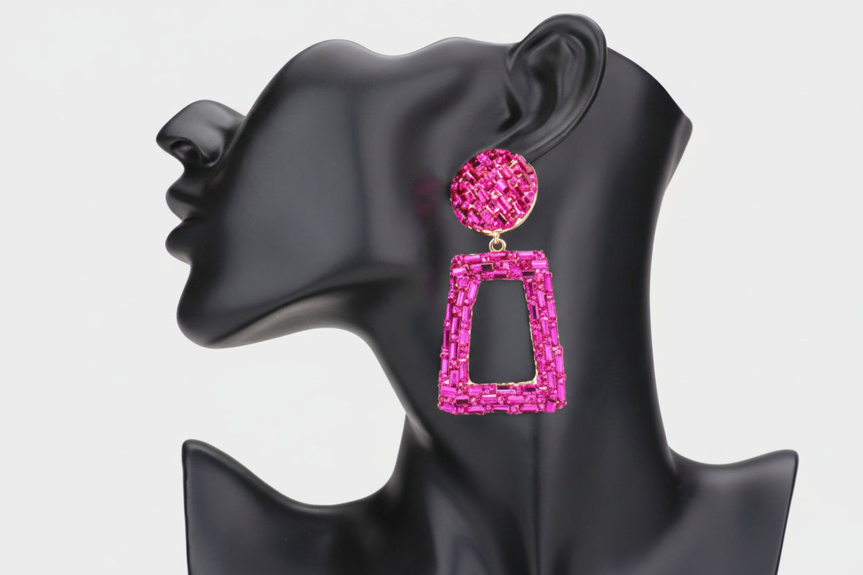 Stone Embellished Chunky Open Rectangle Dangle Evening Earrings (Fushsia, Gold)