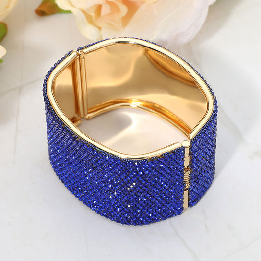 Wide Rhinestone Paved Hinged Evening Bangle Bracelet (Blue & Gold)
