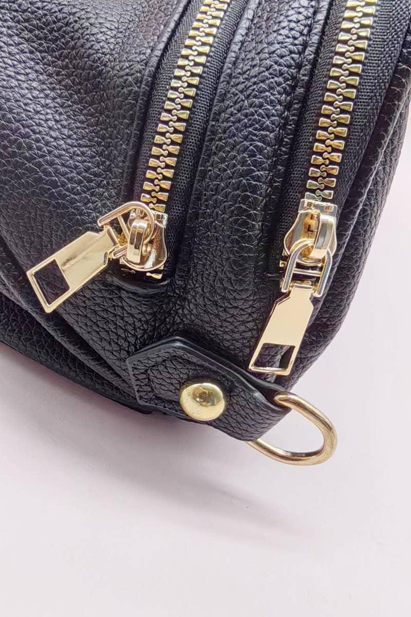 Vegan Leather Multi Pocket Crossbody Bag: Black