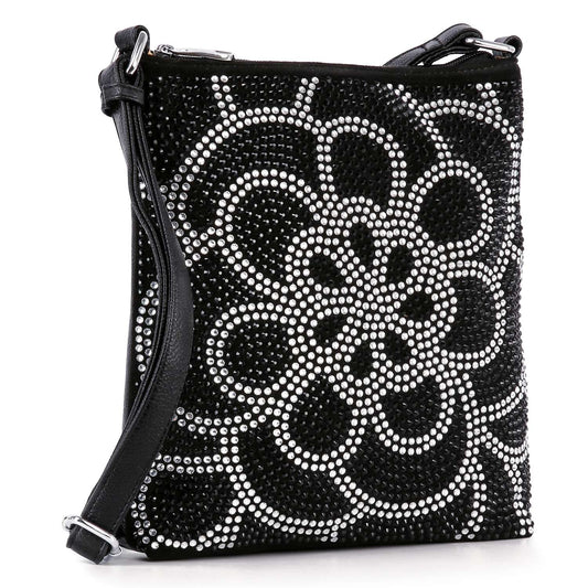 Stunning Rhinestone Design Crossbody Sling: Black