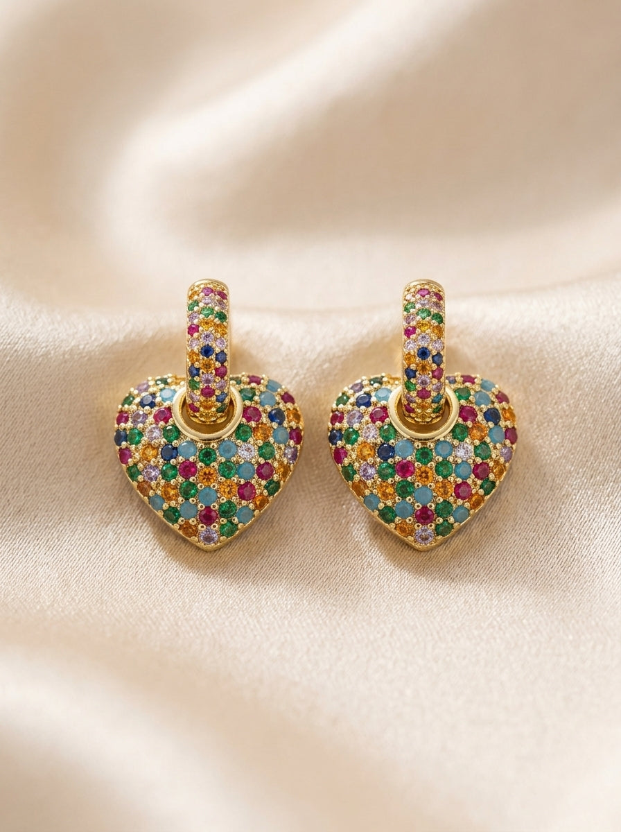 Radiate Joy: Rainbow Crystal Pave Heart Drop Earrings