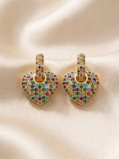 Radiate Joy: Rainbow Crystal Pave Heart Drop Earrings