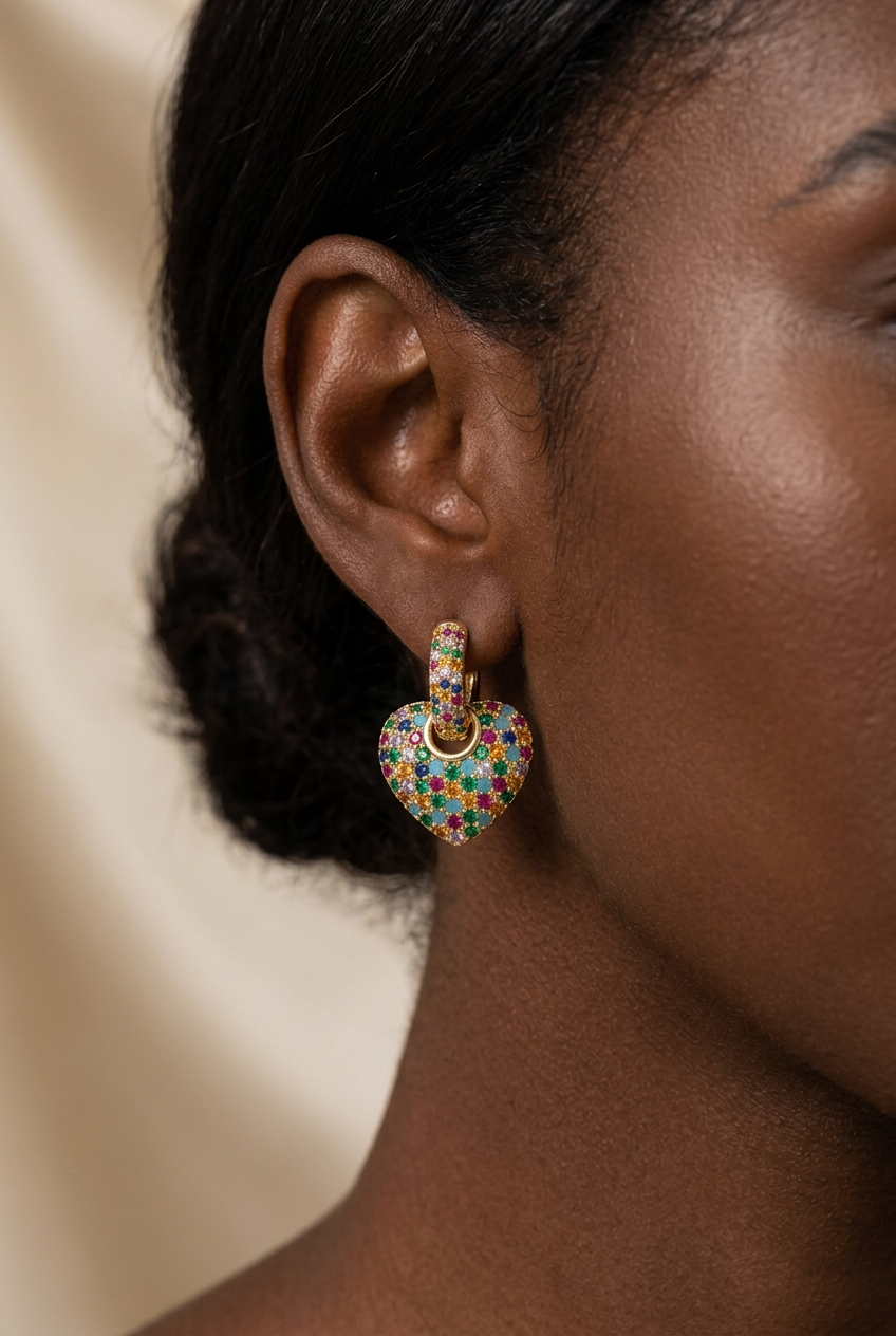Radiate Joy: Rainbow Crystal Pave Heart Drop Earrings