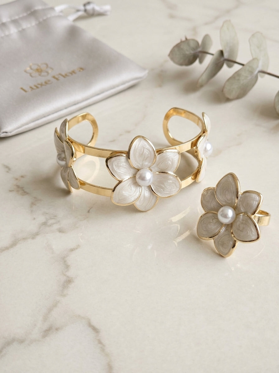 Blossom & Pearl Gold Statement Cuff and Ring Set