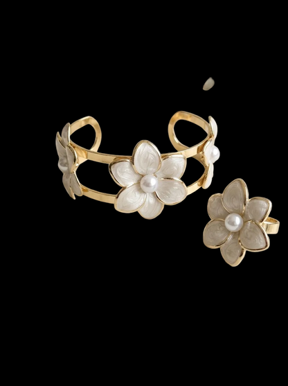 Blossom & Pearl Gold Statement Cuff and Ring Set