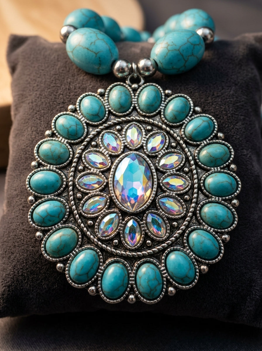 Boho-Chic Western Turquoise Beaded Statement Necklace with Detailed Medallion Pendant