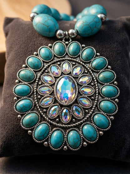 Boho-Chic Western Turquoise Beaded Statement Necklace with Detailed Medallion Pendant