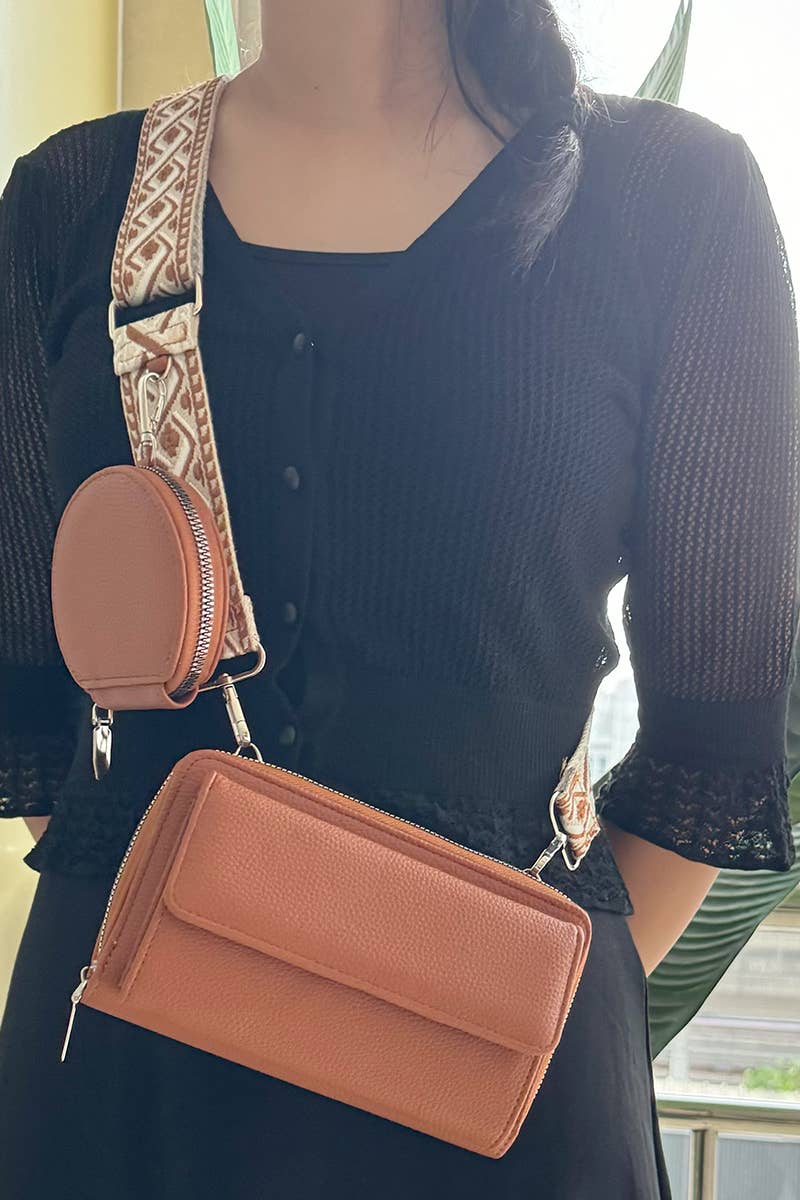 Vegan Leather Woven Weaved Crossbody Shoulder Bag: Camel Brown