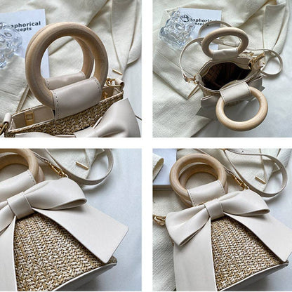 Bohemian Style Fashion Bow Woven Straw Bucket Bag: Pink / One Size
