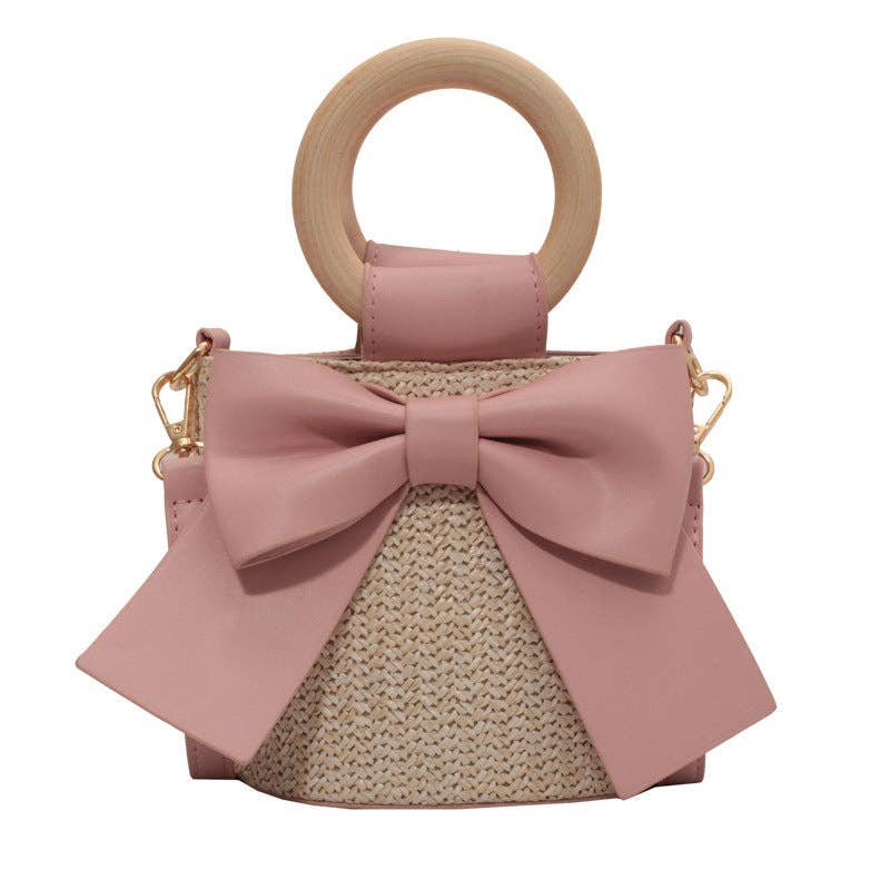 Bohemian Style Fashion Bow Woven Straw Bucket Bag: Pink / One Size