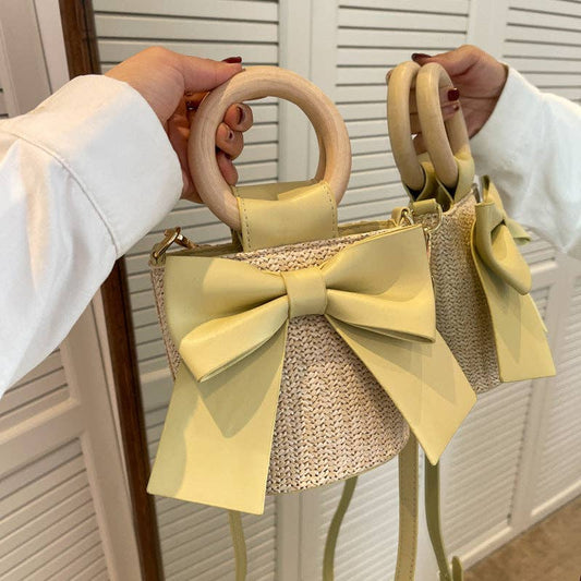 Bohemian Style Fashion Bow Woven Straw Bucket Bag: Yellow / One Size