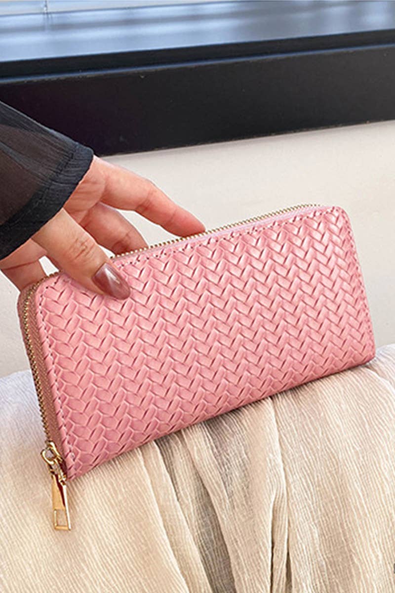 Trendy Vegan Leather Woven Weave Long Wallet - Green