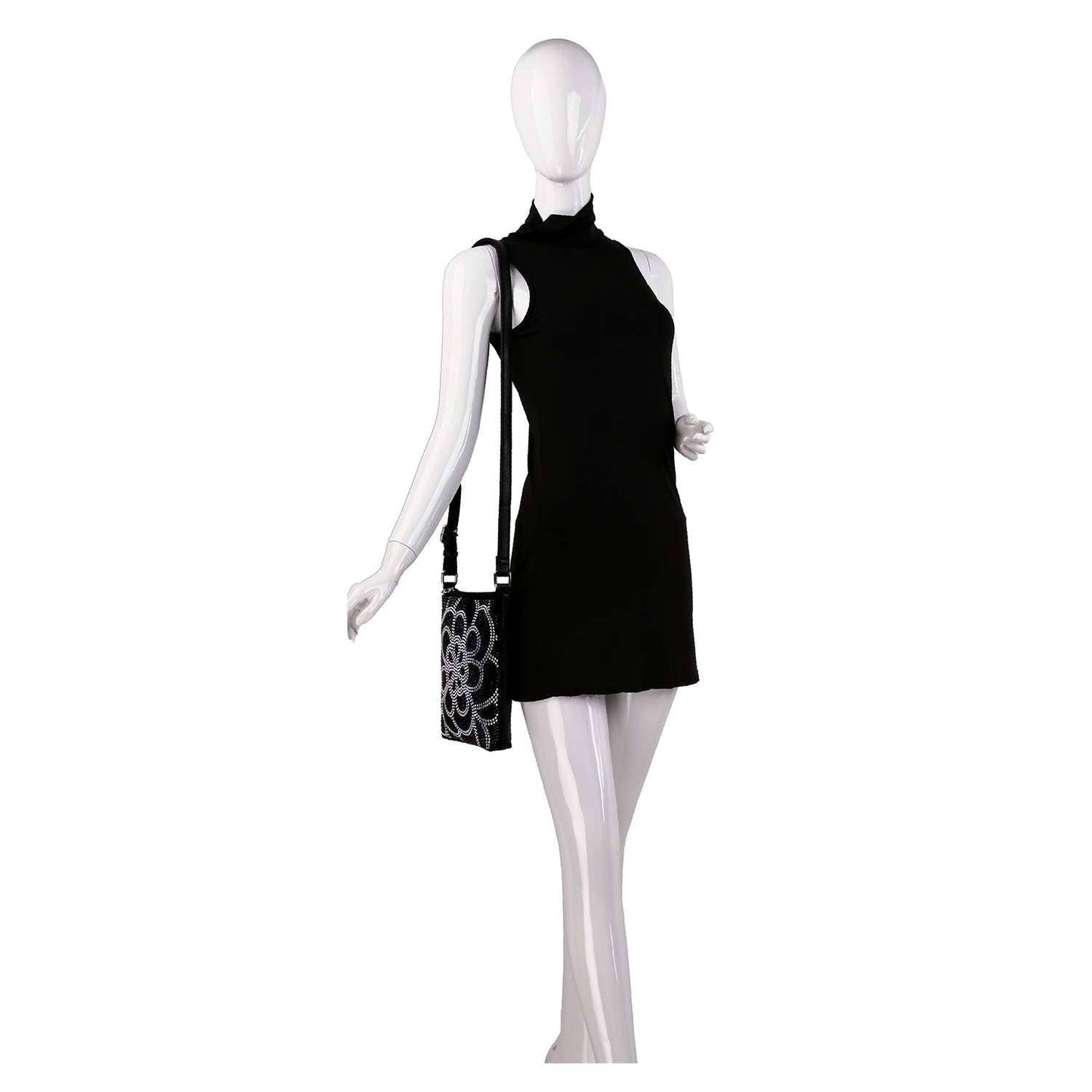 Stunning Rhinestone Design Crossbody Sling: Black