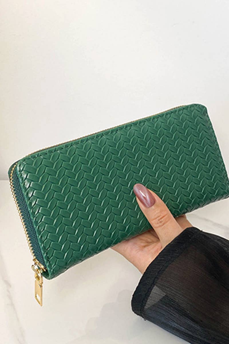 Trendy Vegan Leather Woven Weave Long Wallet - Green