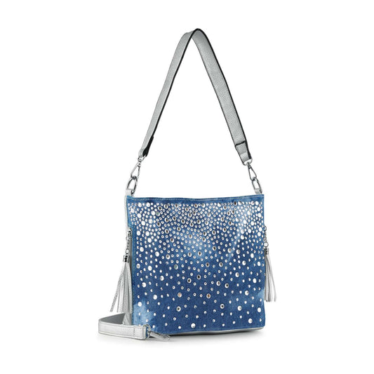 Glamorous Rhinestone Hobo Crossbody Sling: Blue-Silver